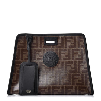 Fendi Glazed Fabric Vitello Century FF 1974 Stamp Patch Mini Peekaboo Defender Cover Mogano Panna Black 1 of 8