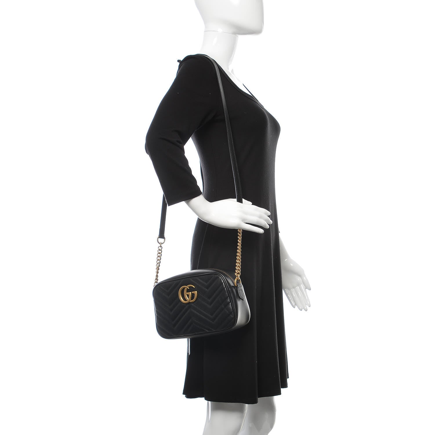 Gucci Calfskin Matelasse Small GG Marmont Chain Shoulder Bag Black 2 of 9