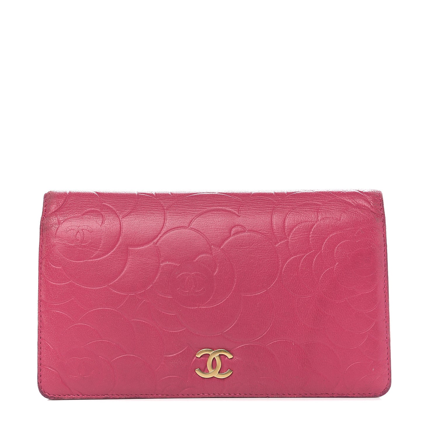 Lambskin Camellia Embossed Yen Wallet Fuchsia
