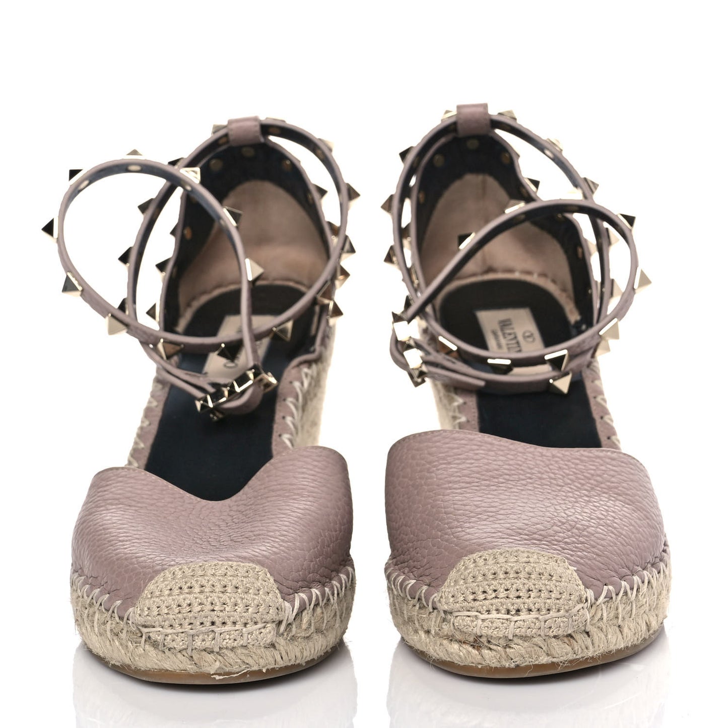Grained Calfskin Rockstud Ankle Wrap Espadrille 15/85mm Wedges 37 Poudre Natural