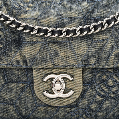 Chanel Denim Quilted Camellia Embroidered Medium Flap Blue 8 of 12