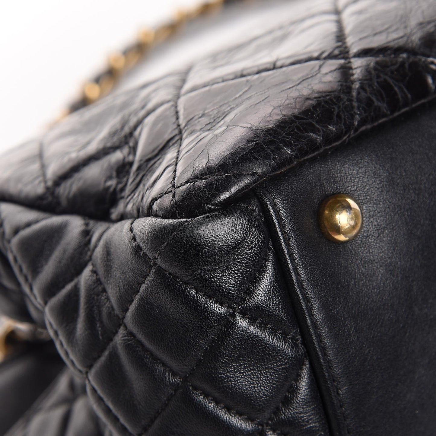Glazed Calfskin Quilted Mademoiselle Tote Black