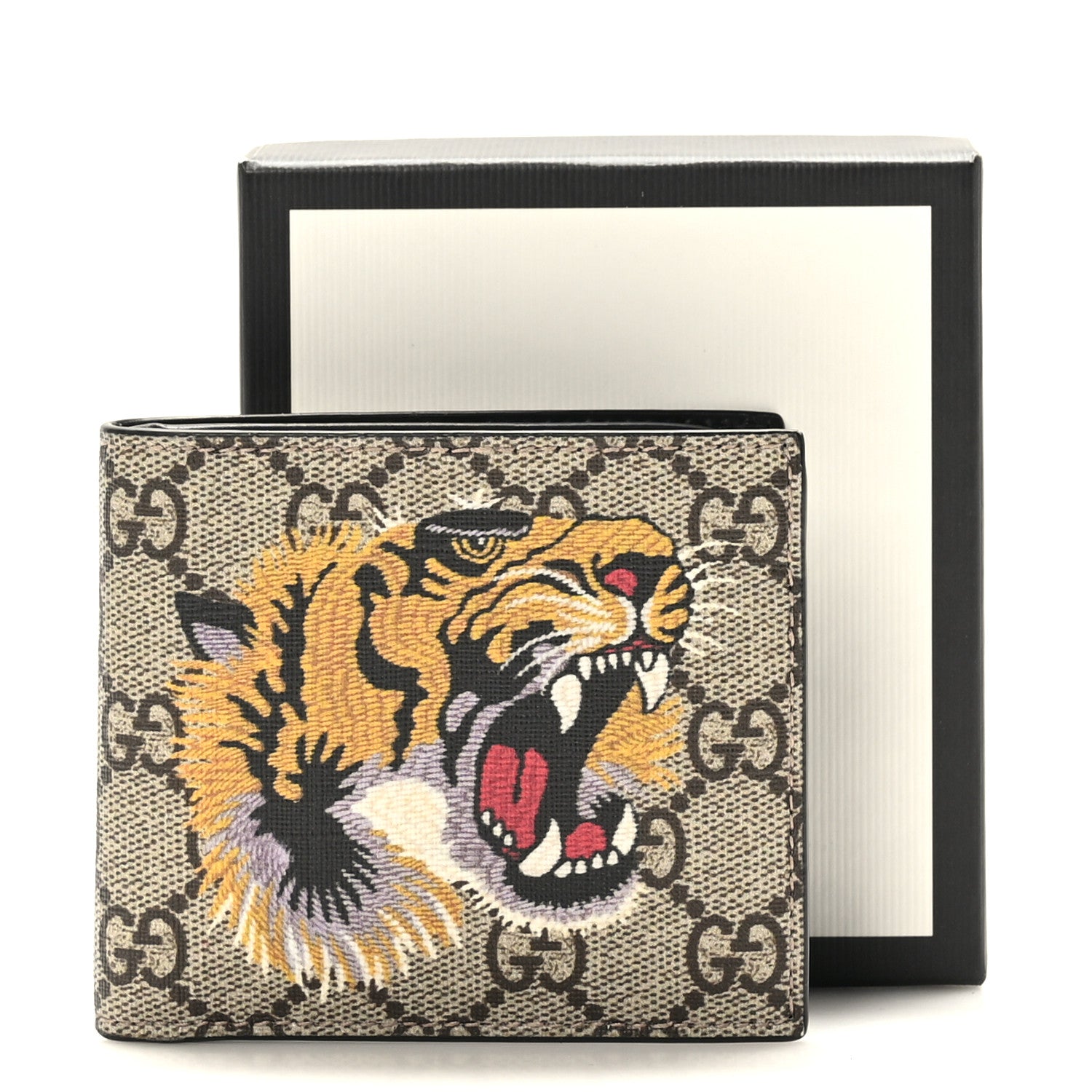 Gucci GG Supreme Monogram Selleria Calfskin Tiger Nice Bi-Fold Wallet Beige Ebony Multicolor Black 7 of 7