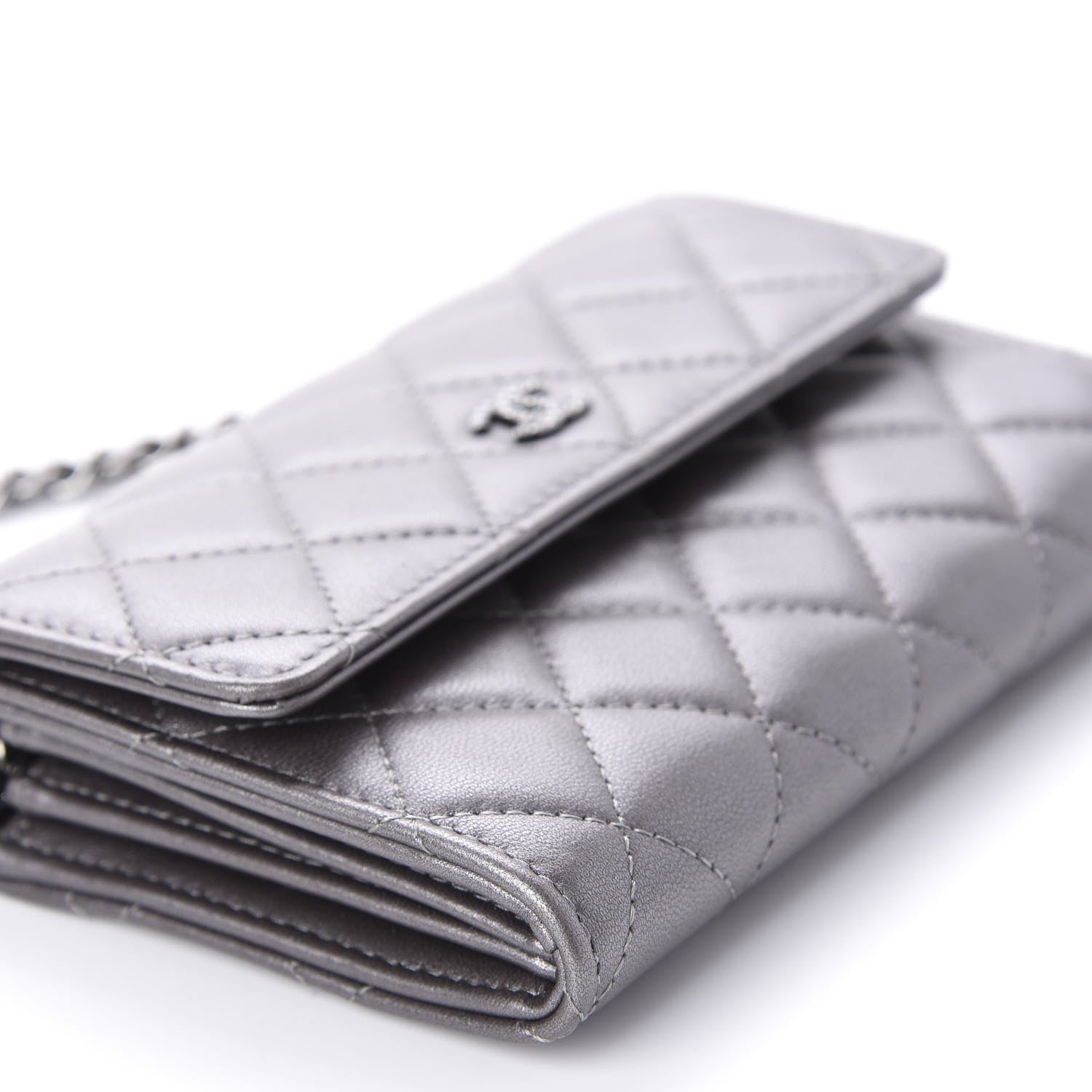 Chanel Lambskin Quilted Pearl My Shoulder Mini French Wallet On Chain WOC Silver 6 of 12