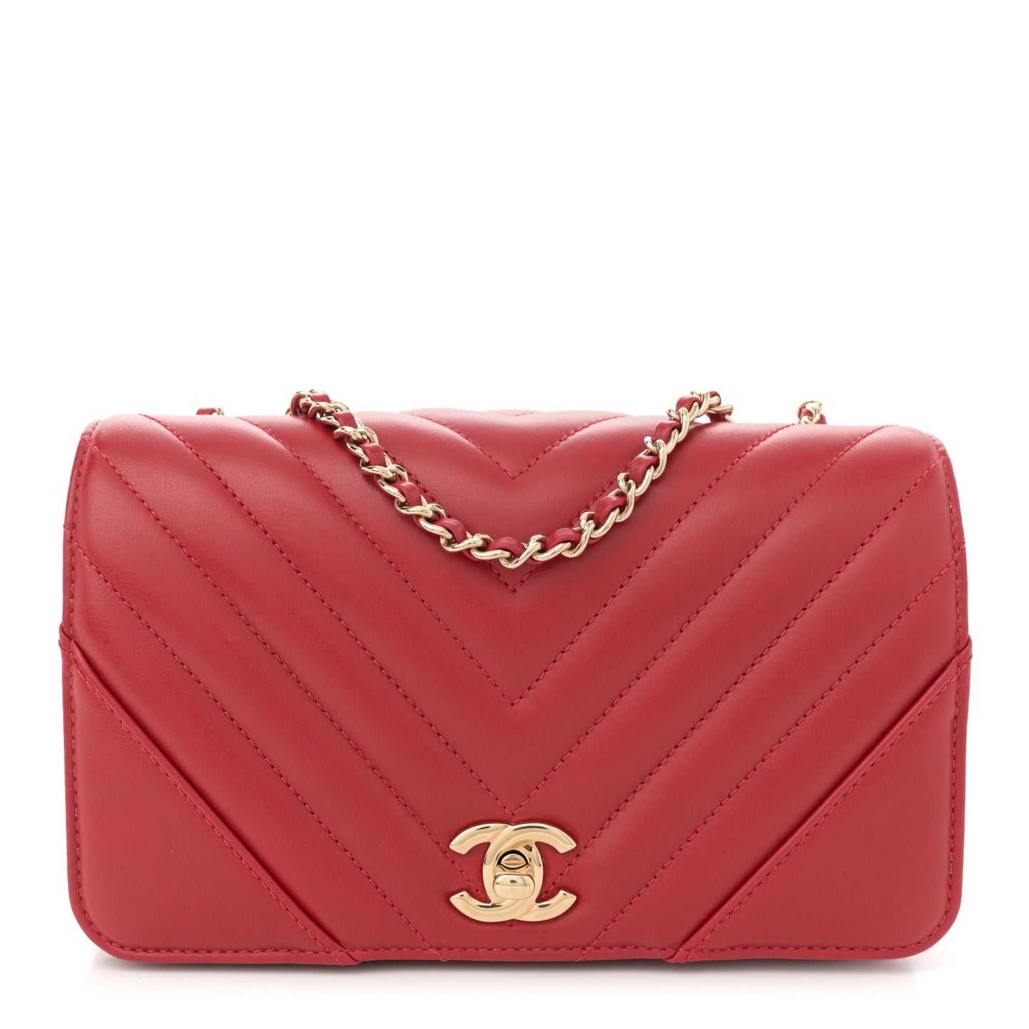 Calfskin Chevron Quilted Mini Statement Flap Red