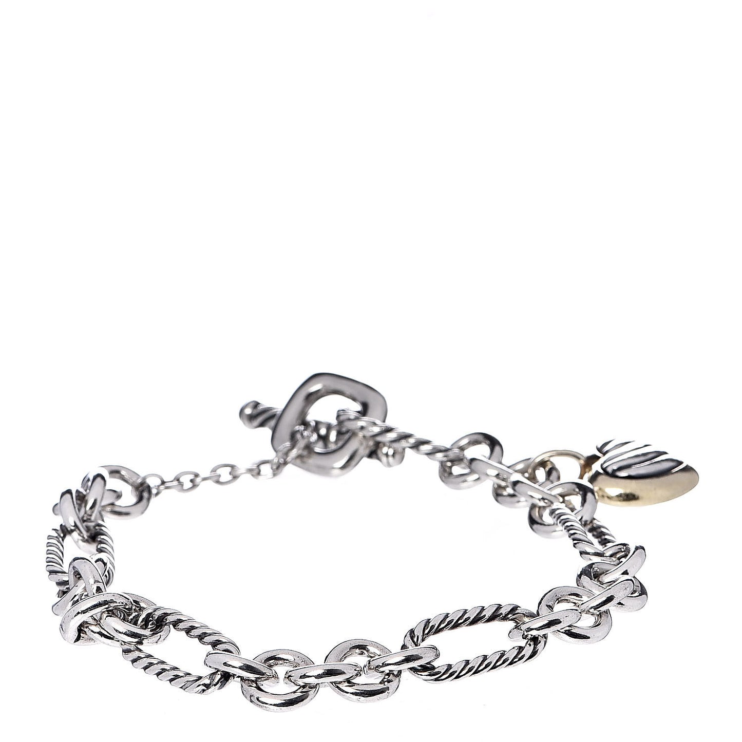 Sterling Silver 18K Yellow Gold Cable Heart Charm Bracelet