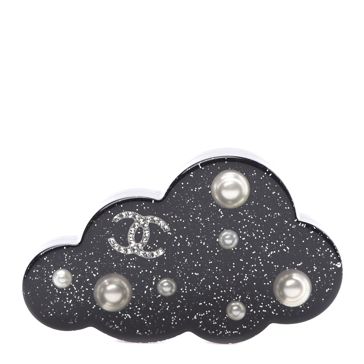 Chanel Glittered Resin Crystal Pearl CC Cloud Brooch Black Silver 1 of 4