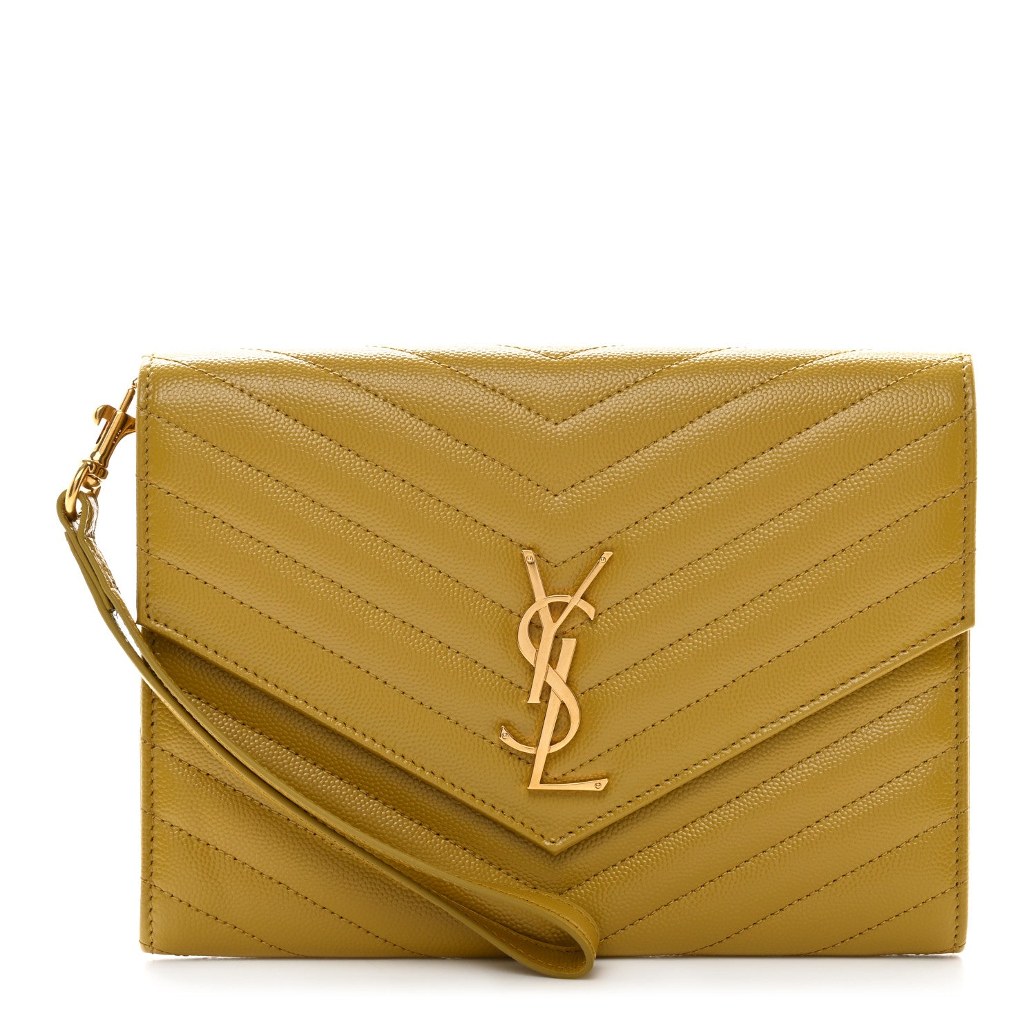 Saint Laurent Grain De Poudre Matelasse Chevron Monogram Envelope Clutch Mustard 1 of 8