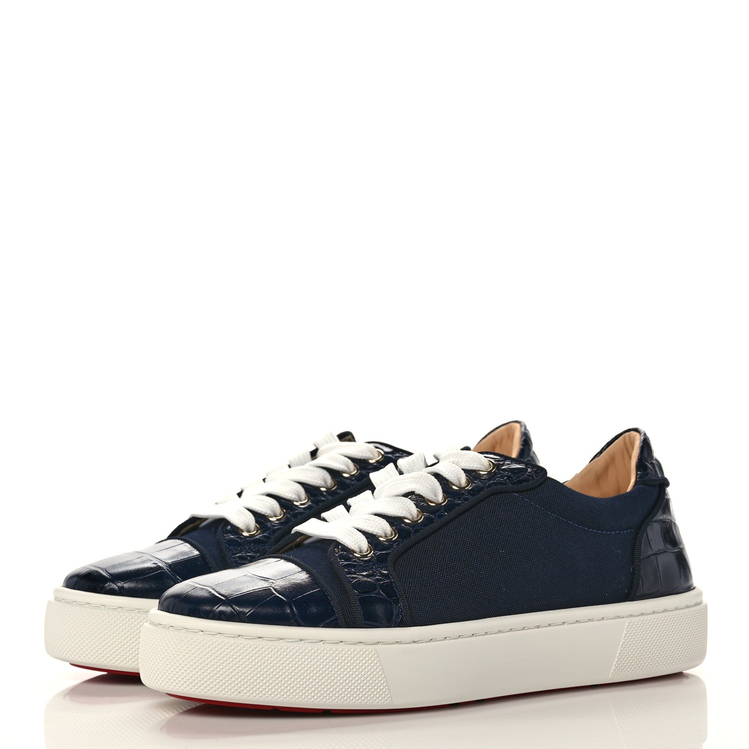 Christian Louboutin Calfskin Crocodile Embossed Mens Louis Junior Flat Sneakers 8 Navy 3 of 8