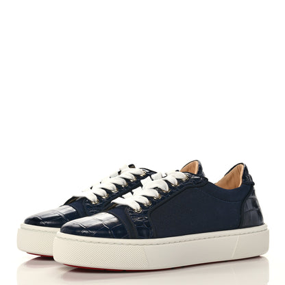 Christian Louboutin Calfskin Crocodile Embossed Mens Louis Junior Flat Sneakers 8 Navy 3 of 8