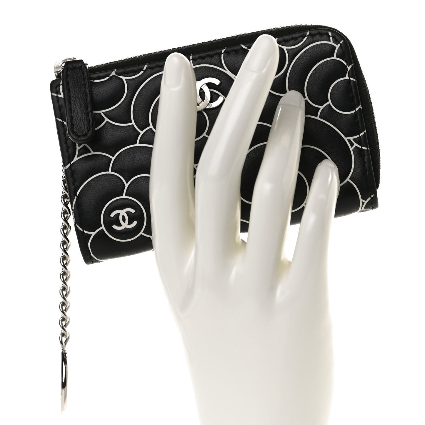 Lambskin Camellia Embossed Key Holder Case Black White