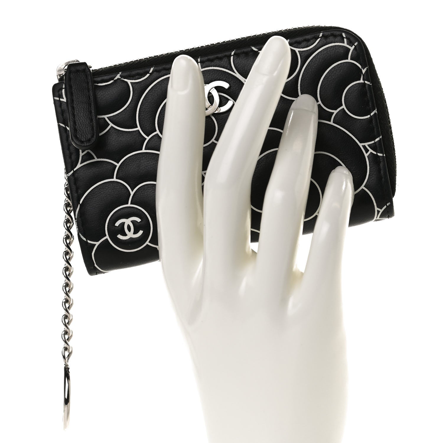 Chanel Lambskin Camellia Embossed Key Holder Case Black White 2 of 8