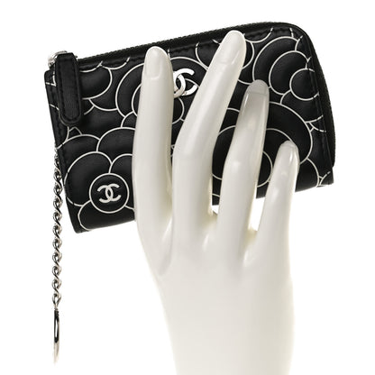 Chanel Lambskin Camellia Embossed Key Holder Case Black White 2 of 8