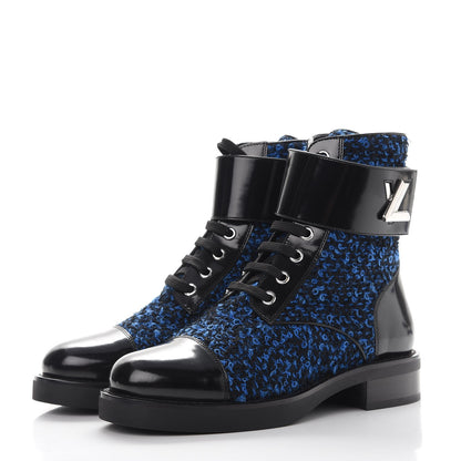 Louis Vuitton Tweed Calfskin Wonderland Ranger Boots 36 Blue Black 3 of 8