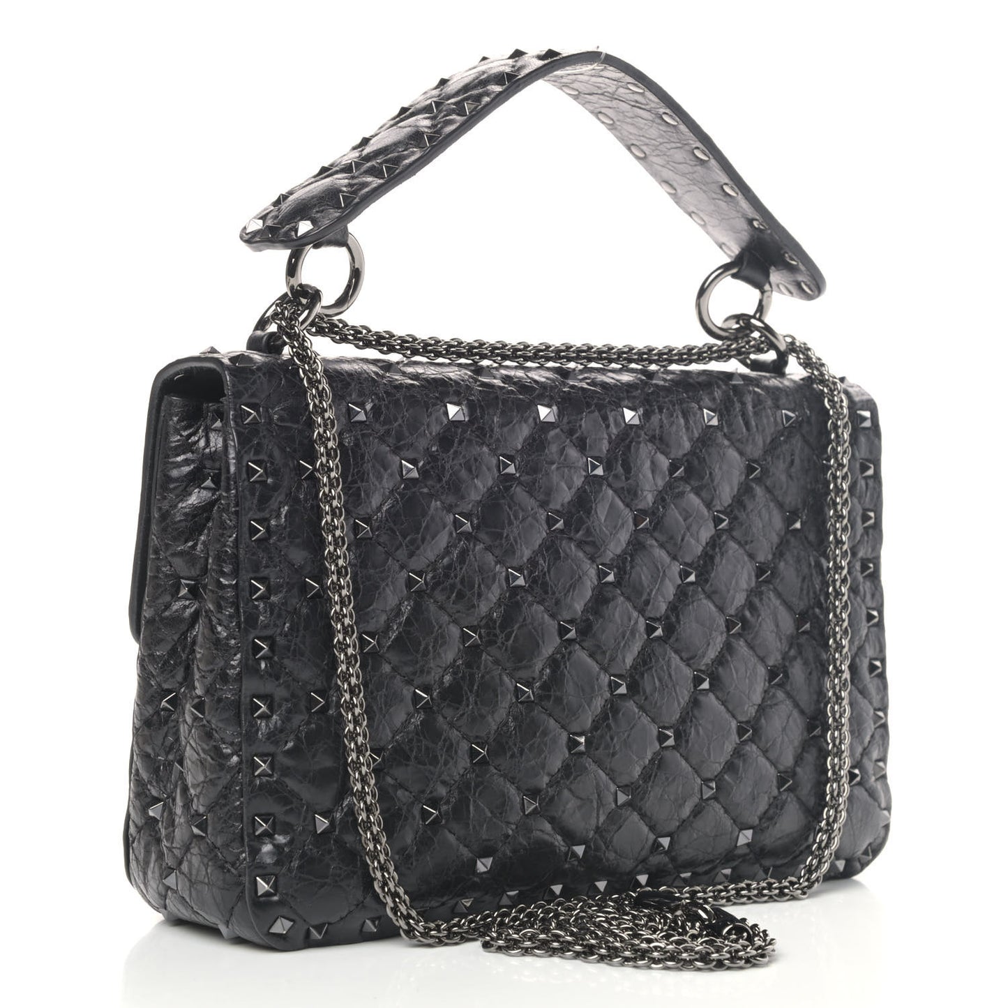 Craquele Nappa Medium Rockstud Spike Shoulder Bag Black