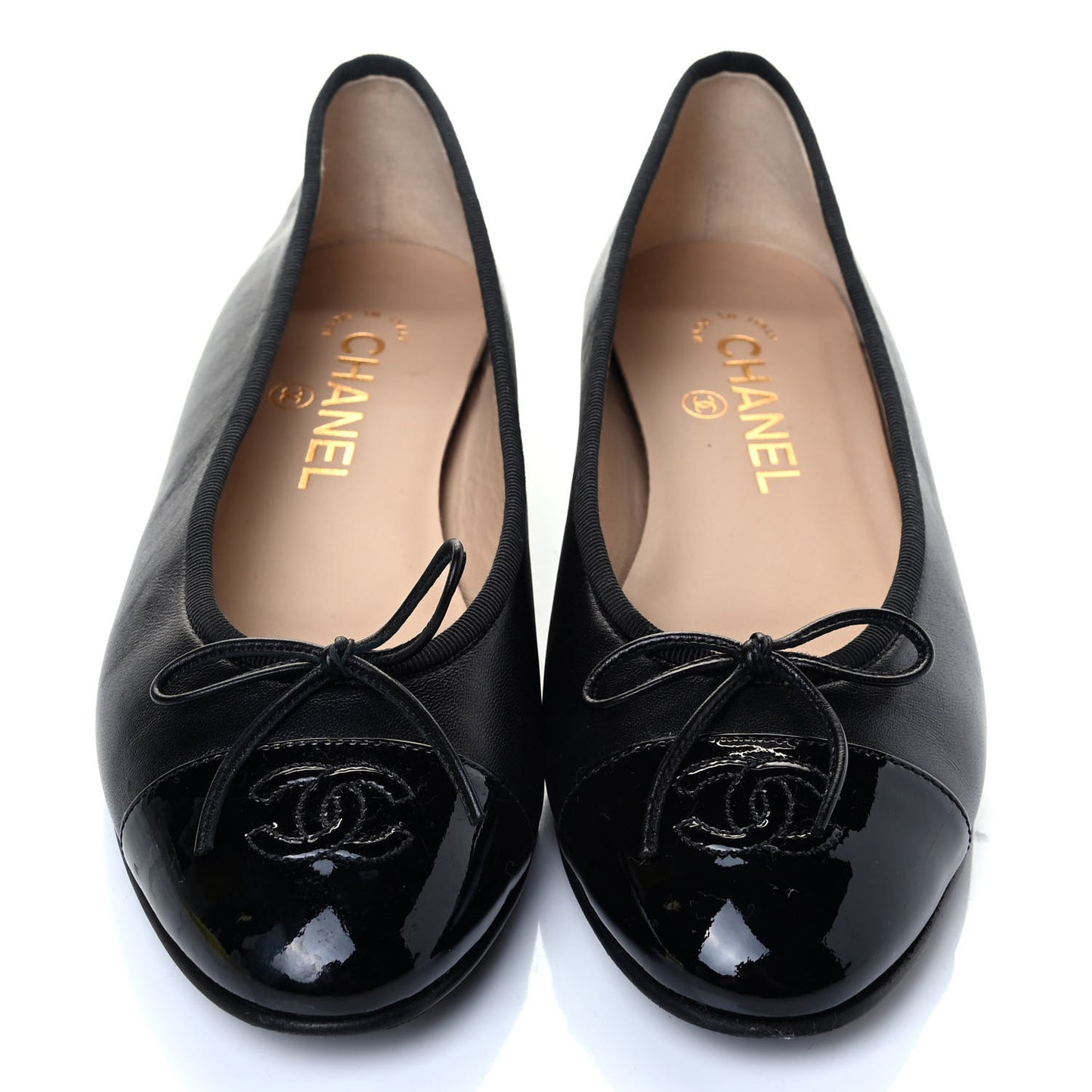 Lambskin Patent Cap Toe Ballerina Flats 38 Black