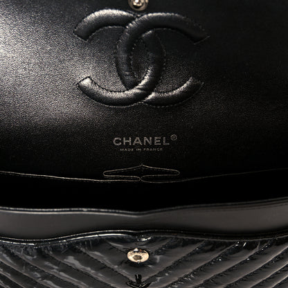 Chanel Metallic Patent Crumpled Calfskin Chevron Quilted Medium Double Flap So Black 6 of 11