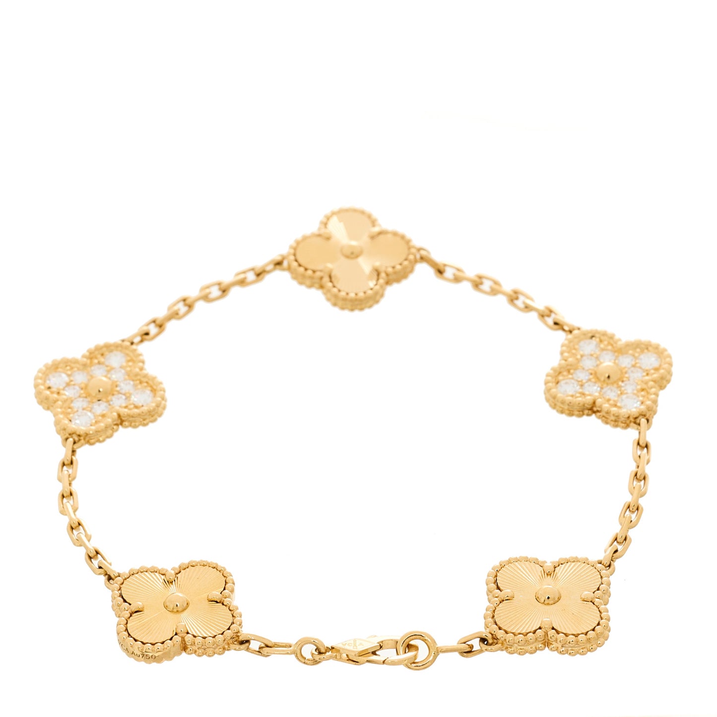 18K Yellow Gold Diamond 5 Motifs Guilloche Vintage Alhambra Bracelet