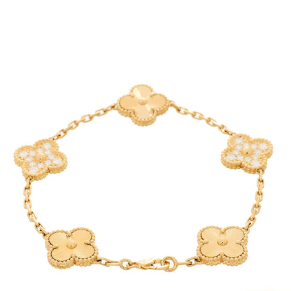 Van Cleef & Arpels 18K Yellow Gold Diamond 5 Motifs Guilloche Vintage Alhambra Bracelet 4 of 7