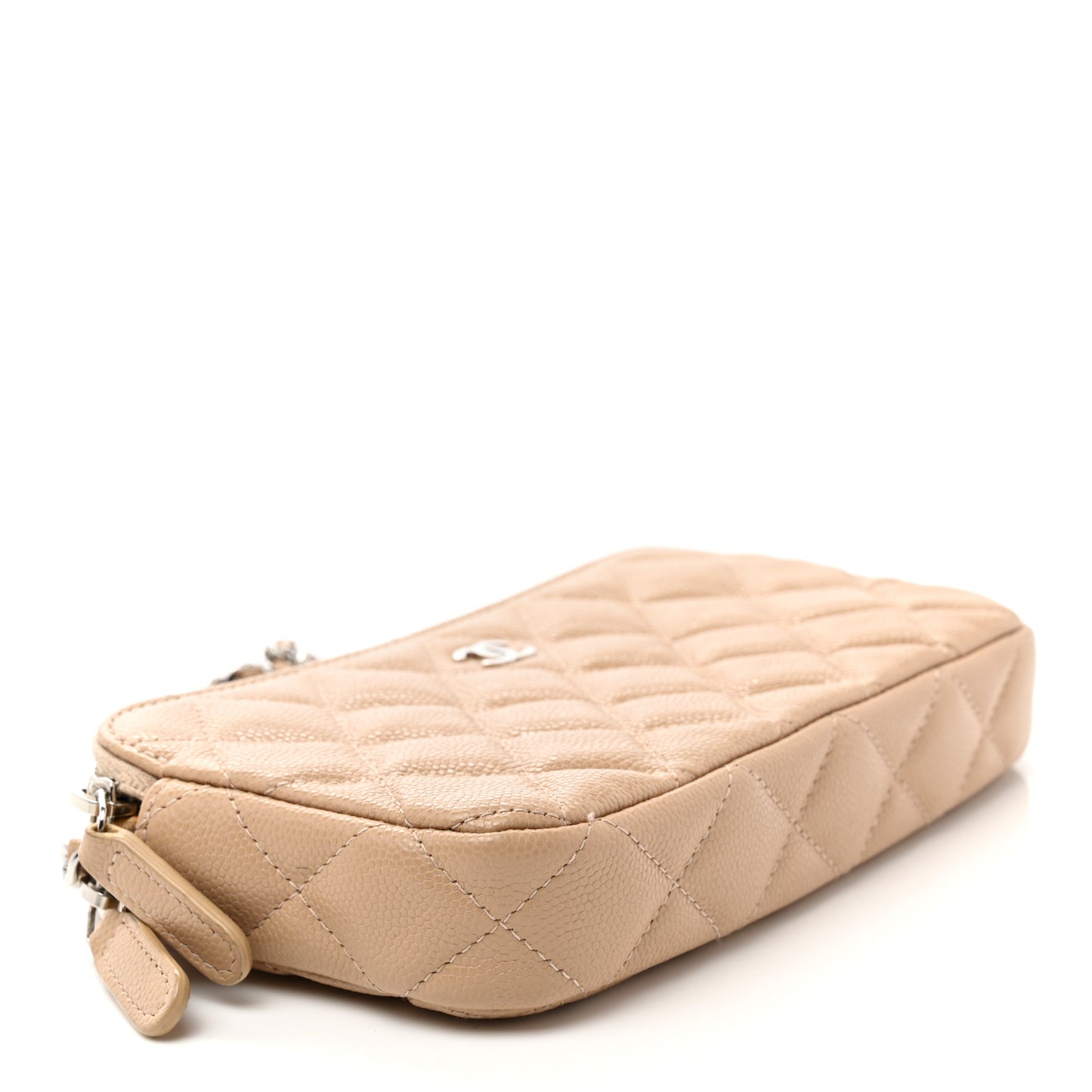 Iridescent Caviar Quilted Small Clutch With Chain Beige