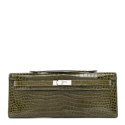 Hermes Shiny Porosus Crocodile Kelly Cut Pochette Vert Veronese 1 of 8