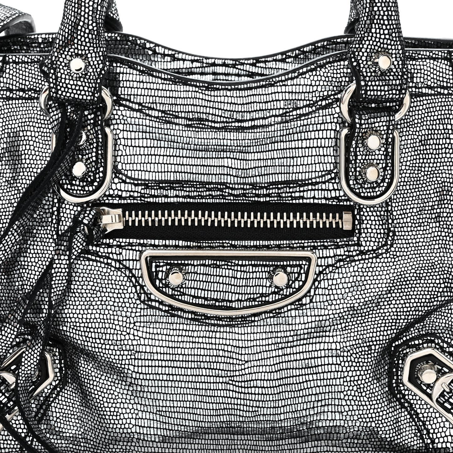 Metallic Calfskin Lizard Embossed Silver Metallic Edge Hardware Nano City Silver