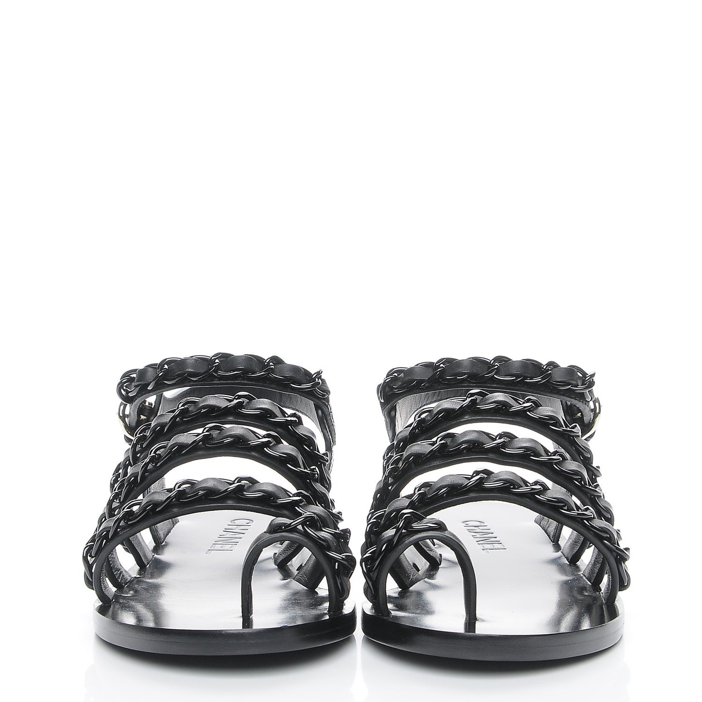 Calfskin Chain Flat Sandals 37.5 Black