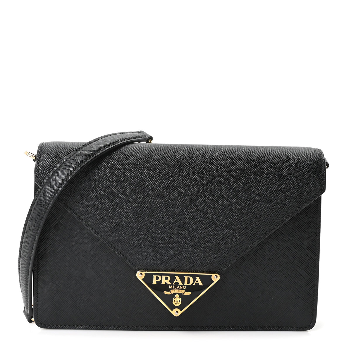 Prada Saffiano Lux Metal Triangle Logo Mini Envelope Chain Shoulder Bag Black 1 of 9