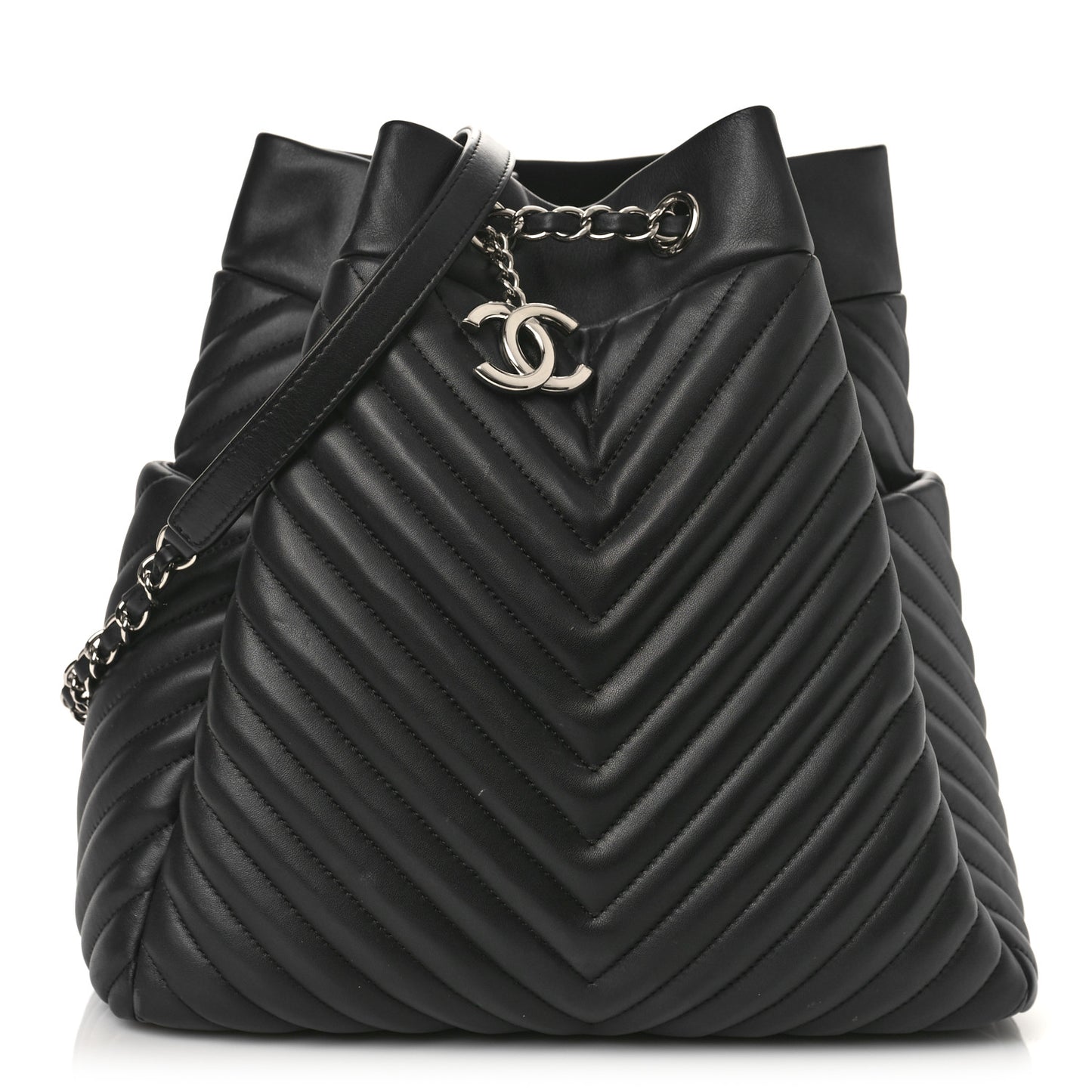 Lambskin Chevron Large Urban Spirit Drawstring Bag Black