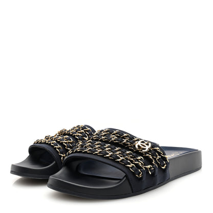 Chanel Satin Chain Flat Sandals 37 Marine 3 of 8