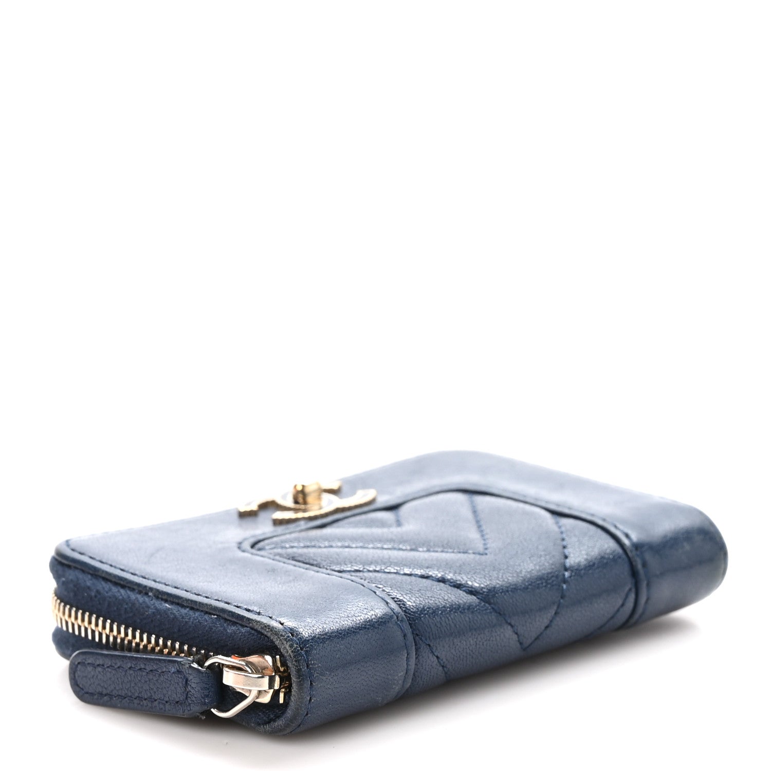 Chanel Sheepskin Chevron Quilted Vintage Mademoiselle Zip Coin Purse Dark Blue 4 of 8