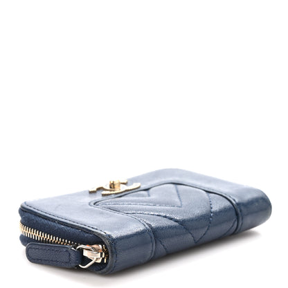 Chanel Sheepskin Chevron Quilted Vintage Mademoiselle Zip Coin Purse Dark Blue 4 of 8