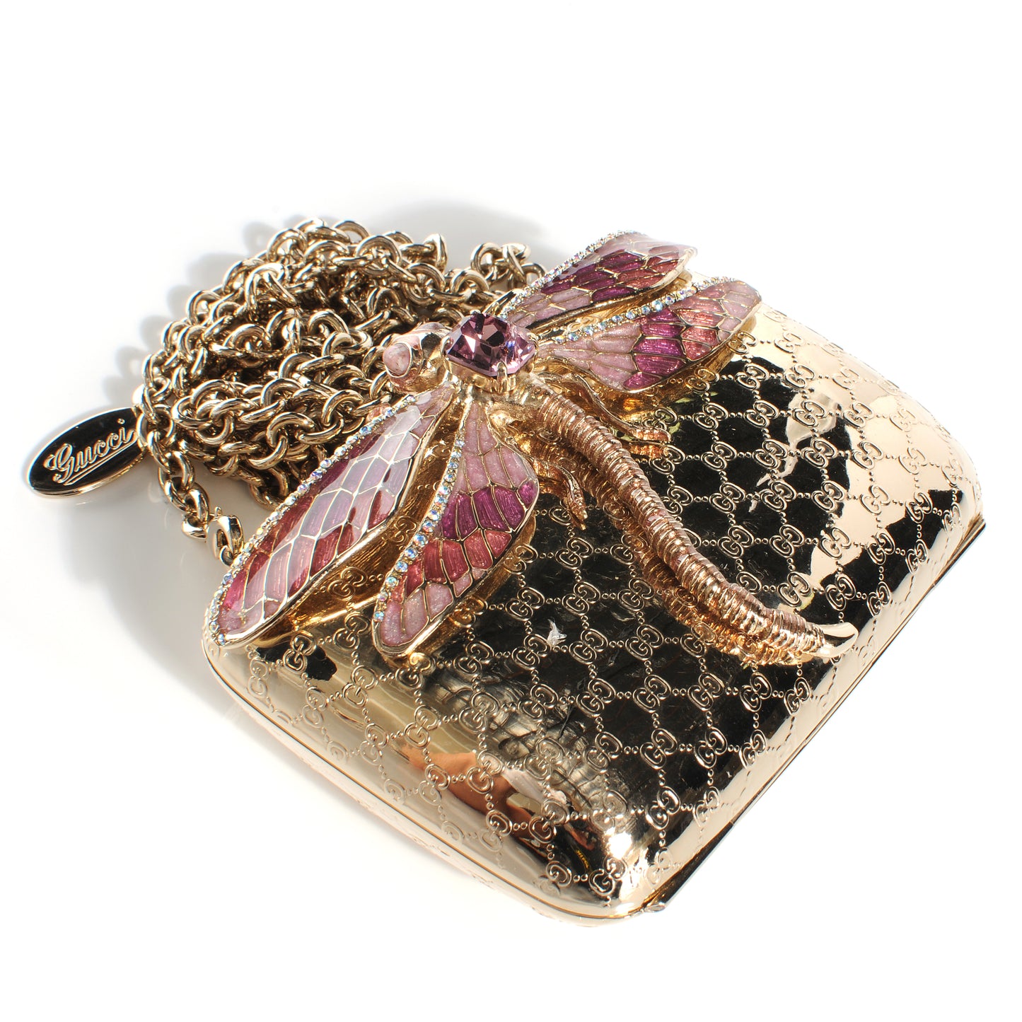 Metal Guccissima Dragonfly Minaudiere Clutch Gold