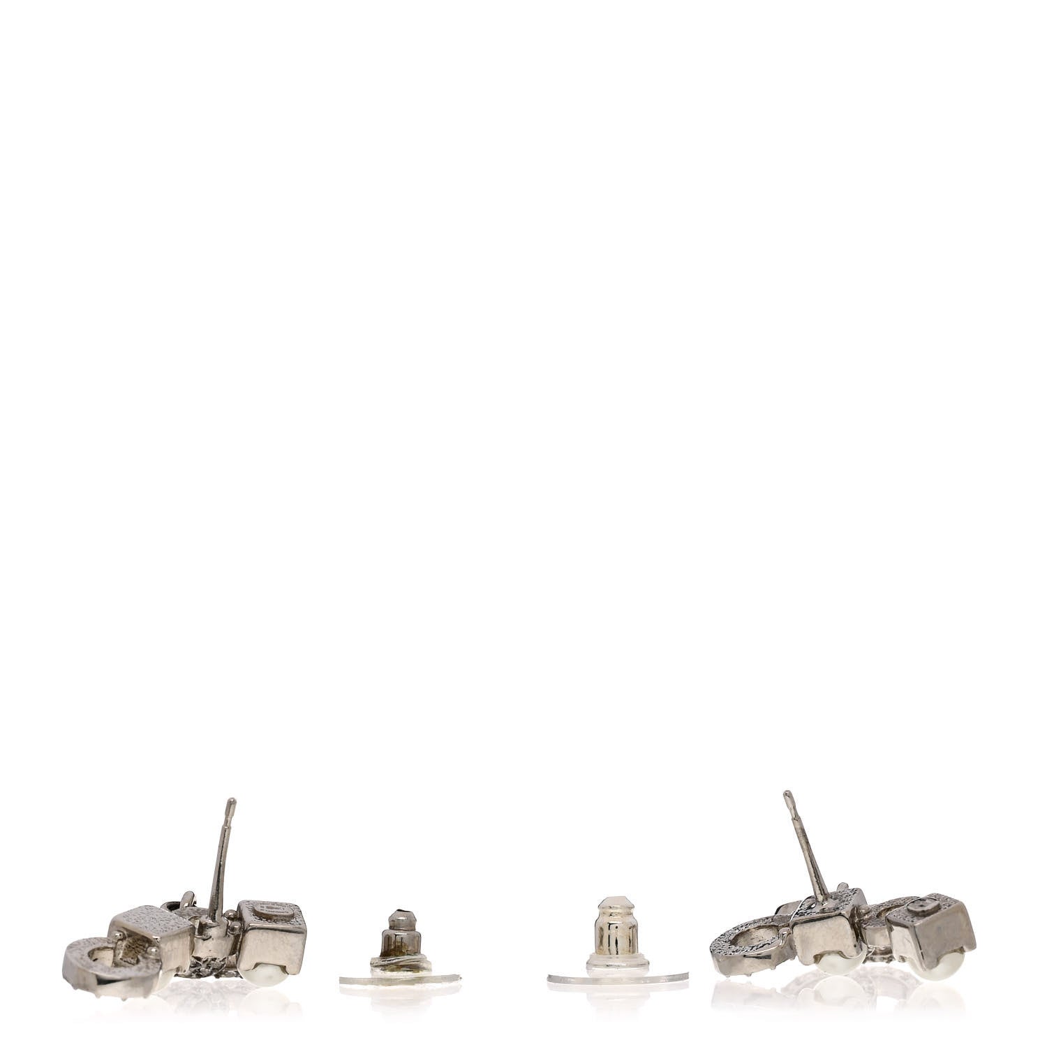 Chanel Metal Crystal Pearl Coco CC Earrings Silver 3 of 5