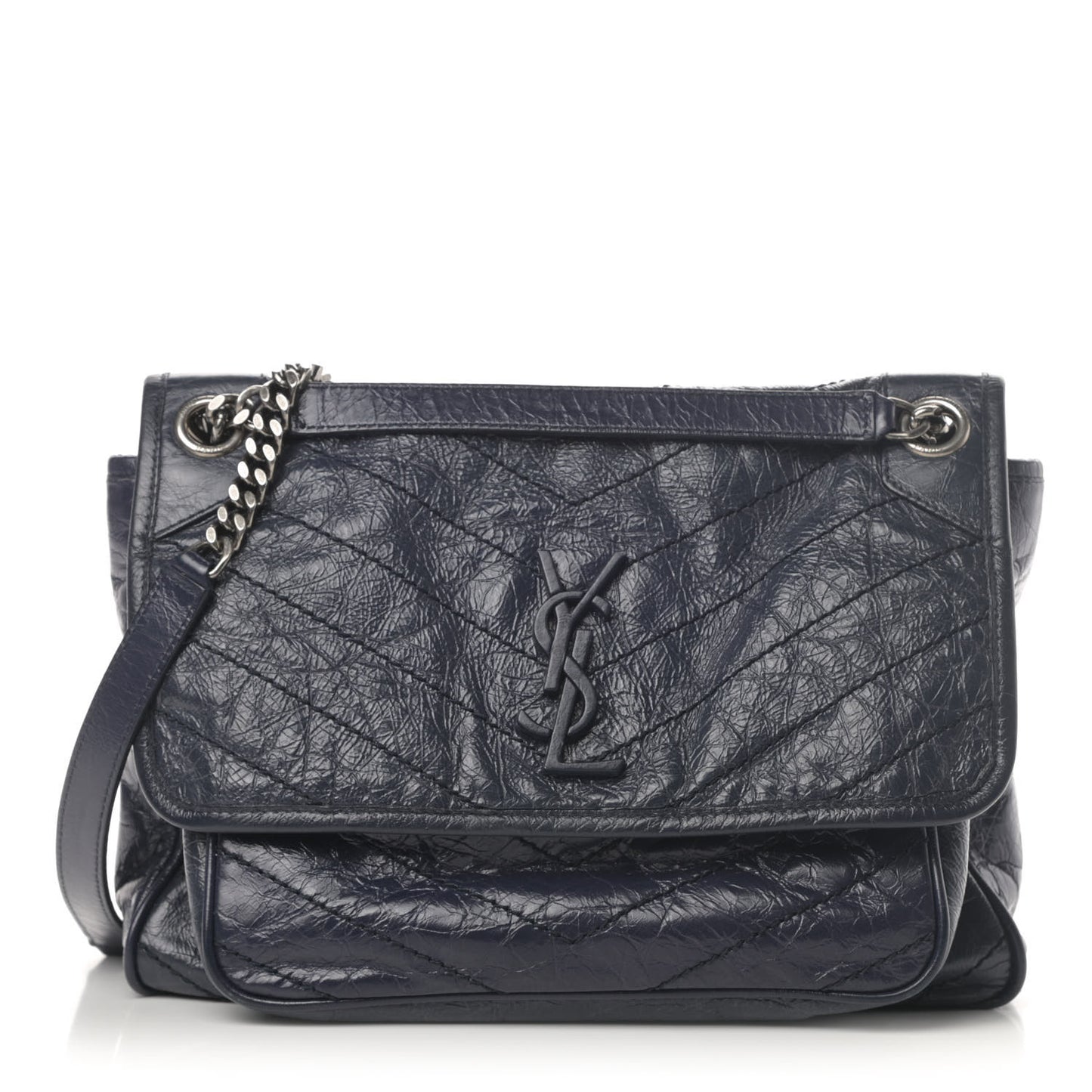 Crinkled Calfskin Matelasse Monogram Medium Niki Chain Satchel Deep Marine