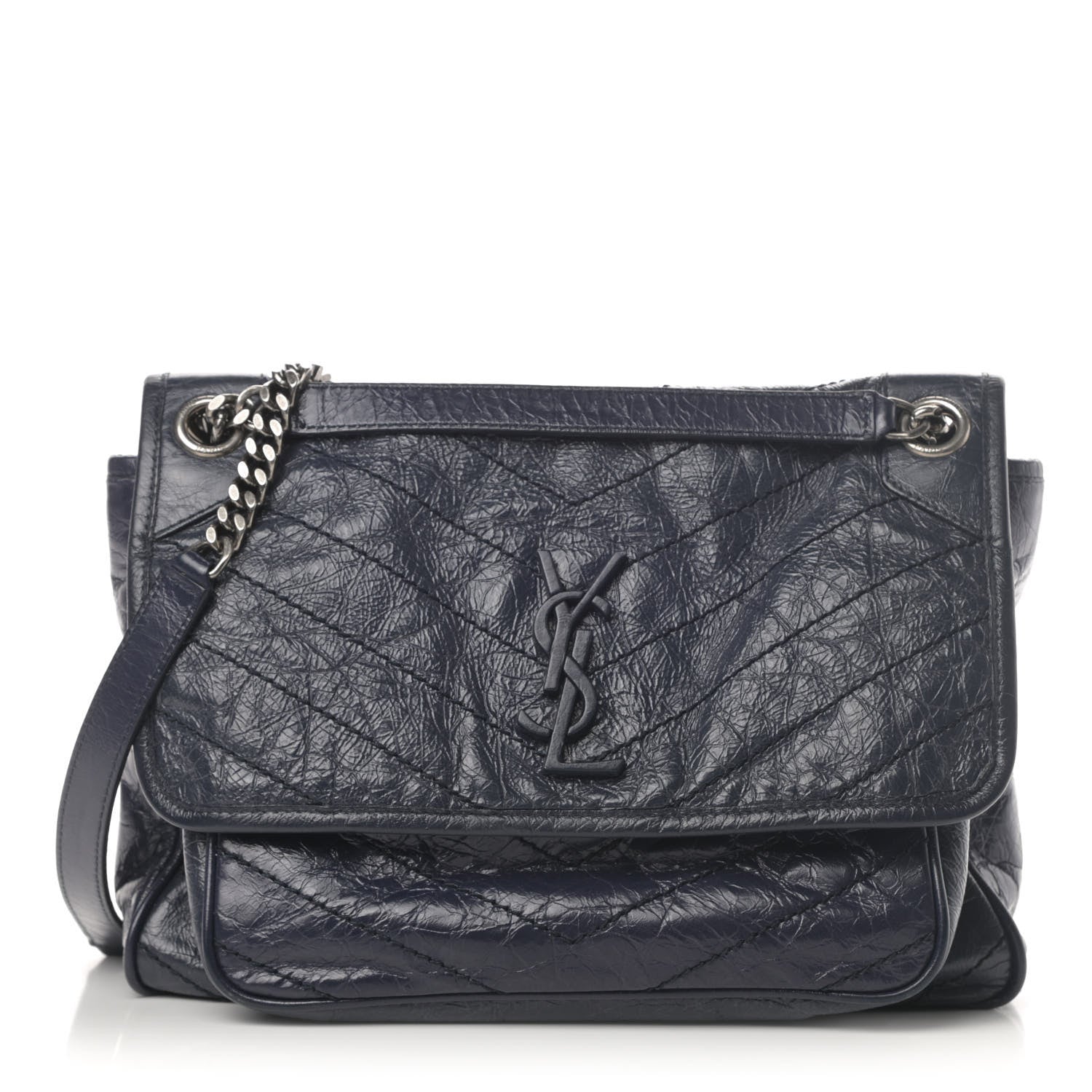Saint Laurent Crinkled Calfskin Matelasse Monogram Medium Niki Chain Satchel Deep Marine 1 of 4