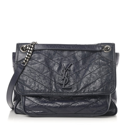 Saint Laurent Crinkled Calfskin Matelasse Monogram Medium Niki Chain Satchel Deep Marine 1 of 4