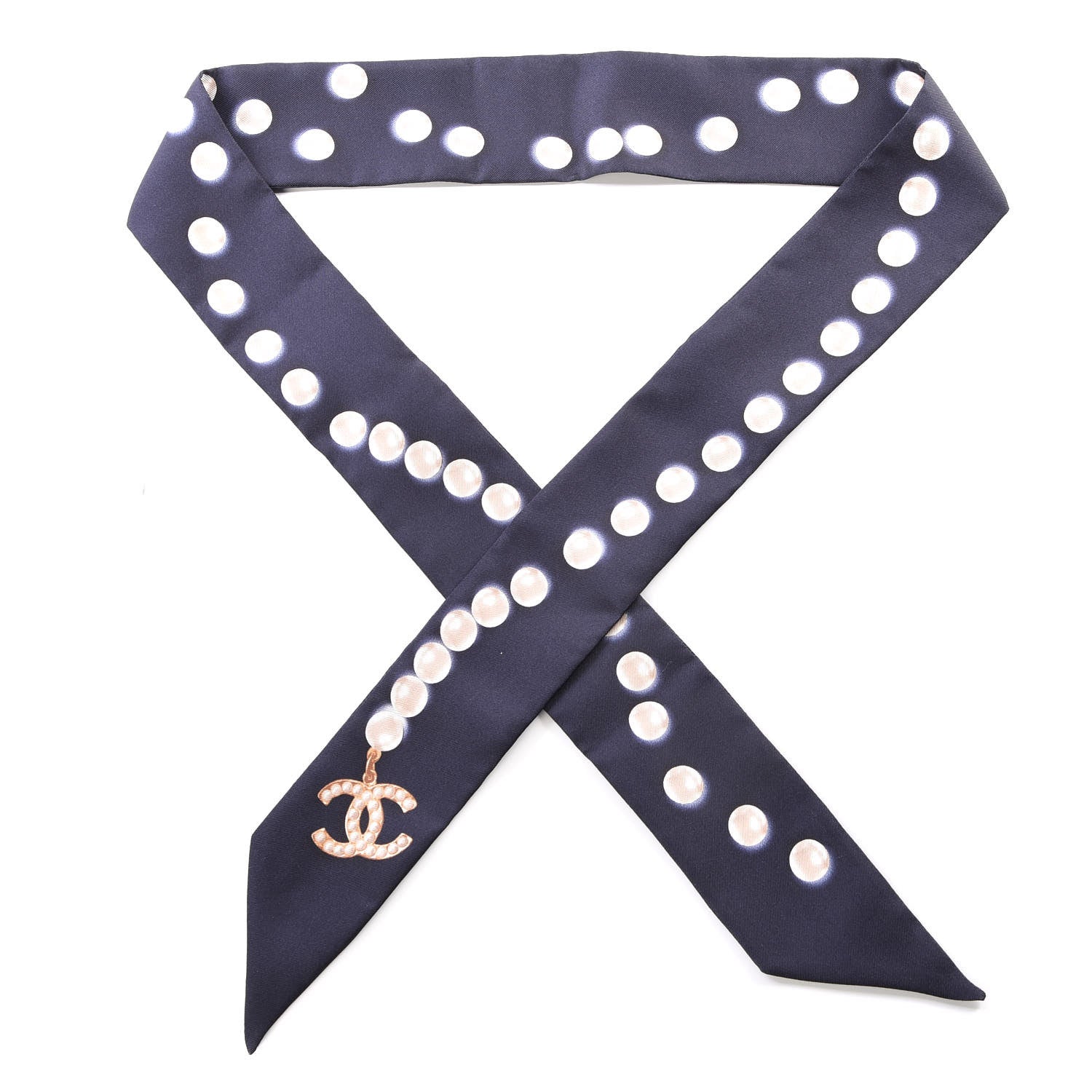 Chanel Silk Pearl CC Slim Bandeau Scarf Navy 1 of 4