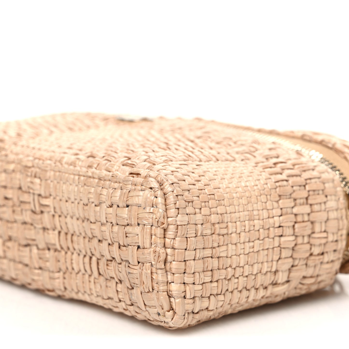 Braided Raffia Quilted Top Handle Slim Vanity Case With Chain Beige