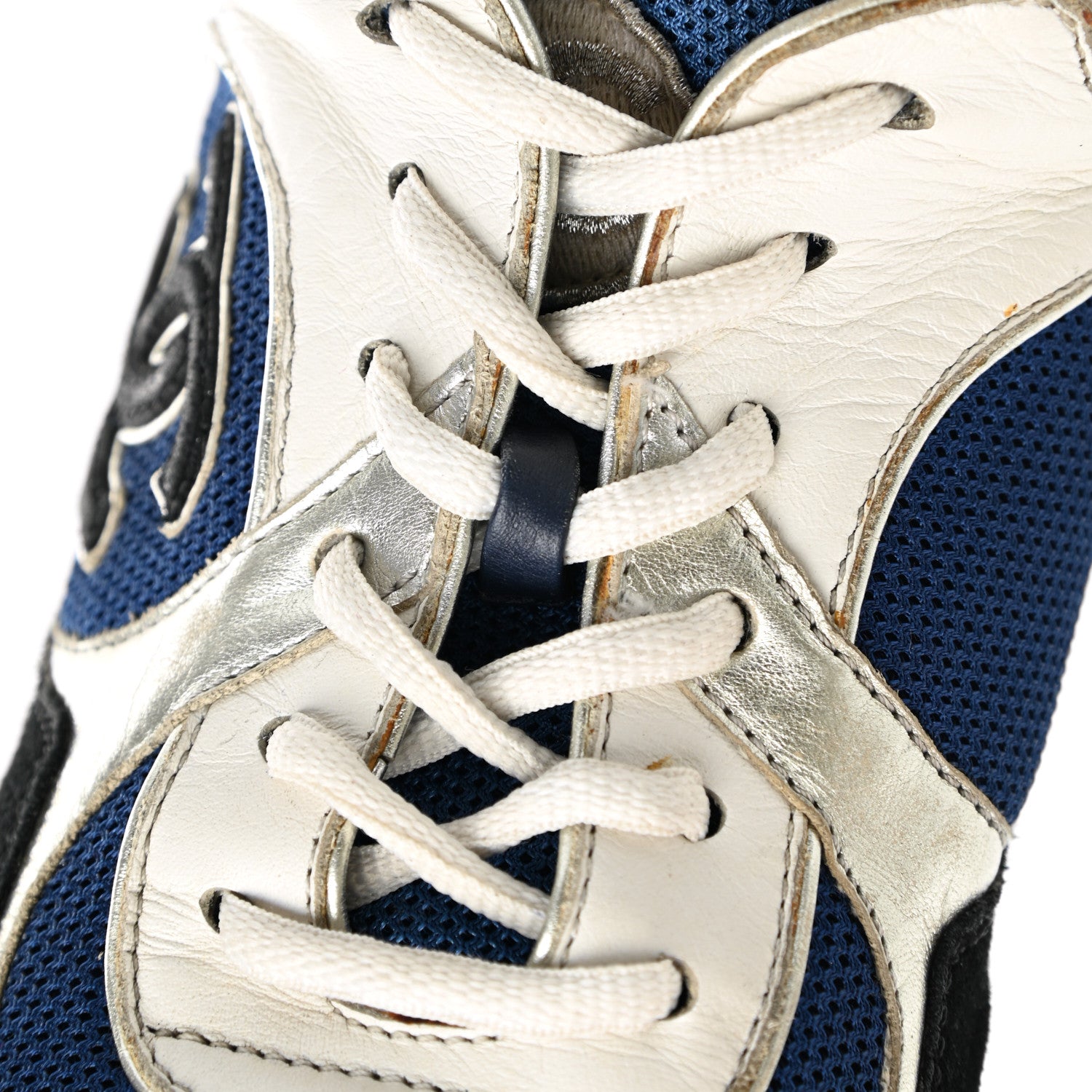 Chanel Mesh Suede Calfskin Womens CC Sneakers 39 Dark Blue Black White 10 of 12