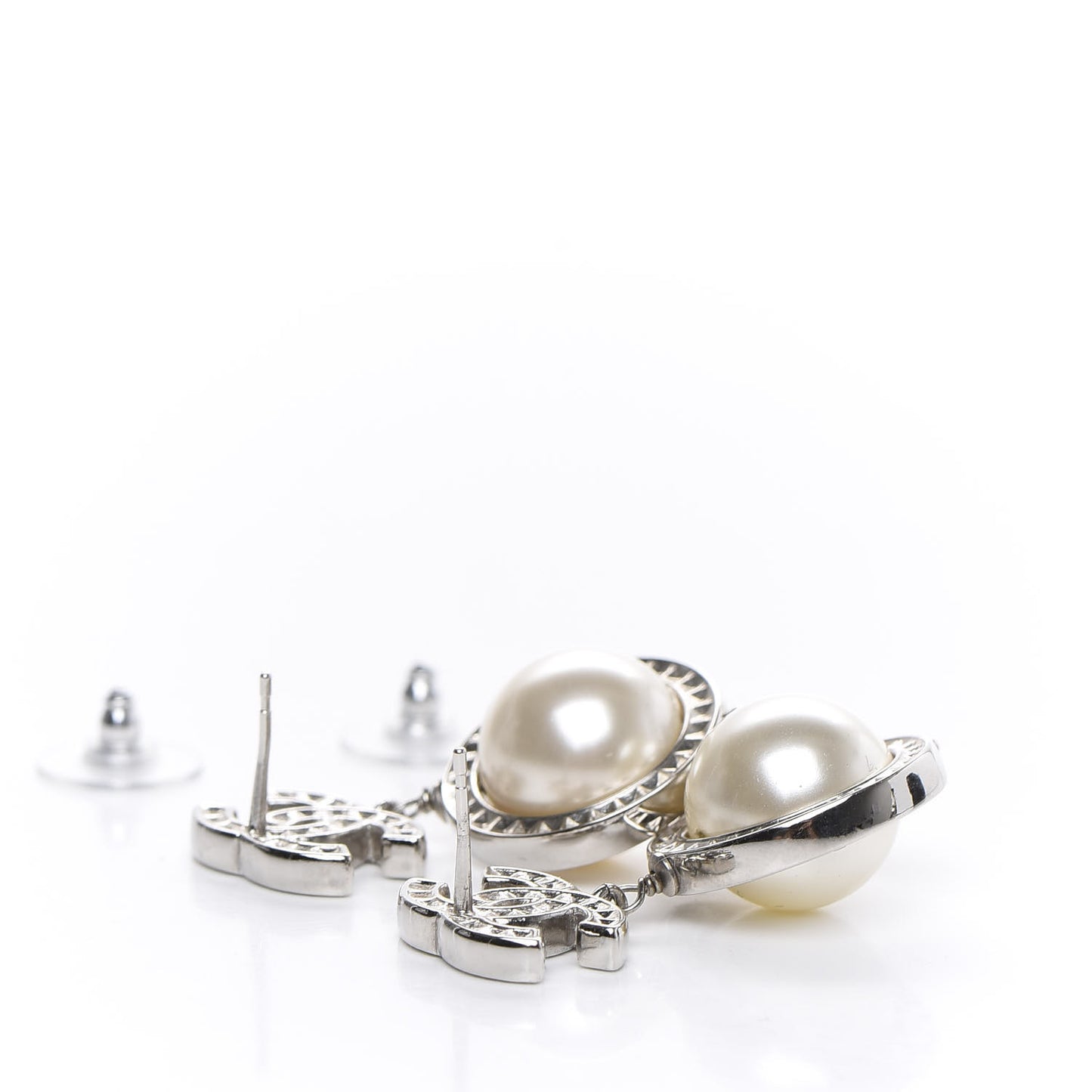 Baguette Crystal CC Pearl Drop Art Decoco Earrings Silver