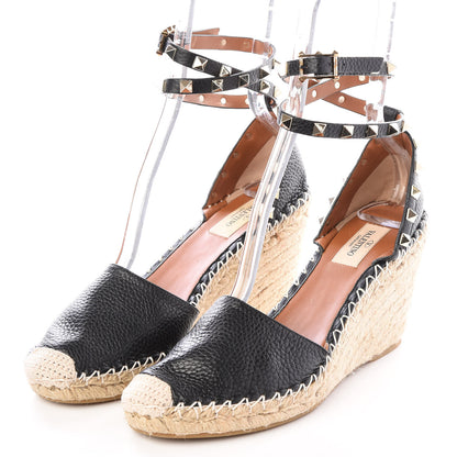 Valentino Garavani Grained Calfskin Rockstud Ankle Wrap Espadrille 15/85mm Wedges 39 Black Light Cuir 2 of 9
