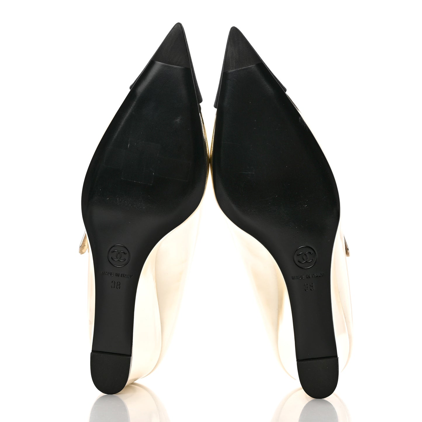 Laminated Calfskin Grosgrain Cap Toe CC Pointed Toe Wedge Pumps 38 Gold Black