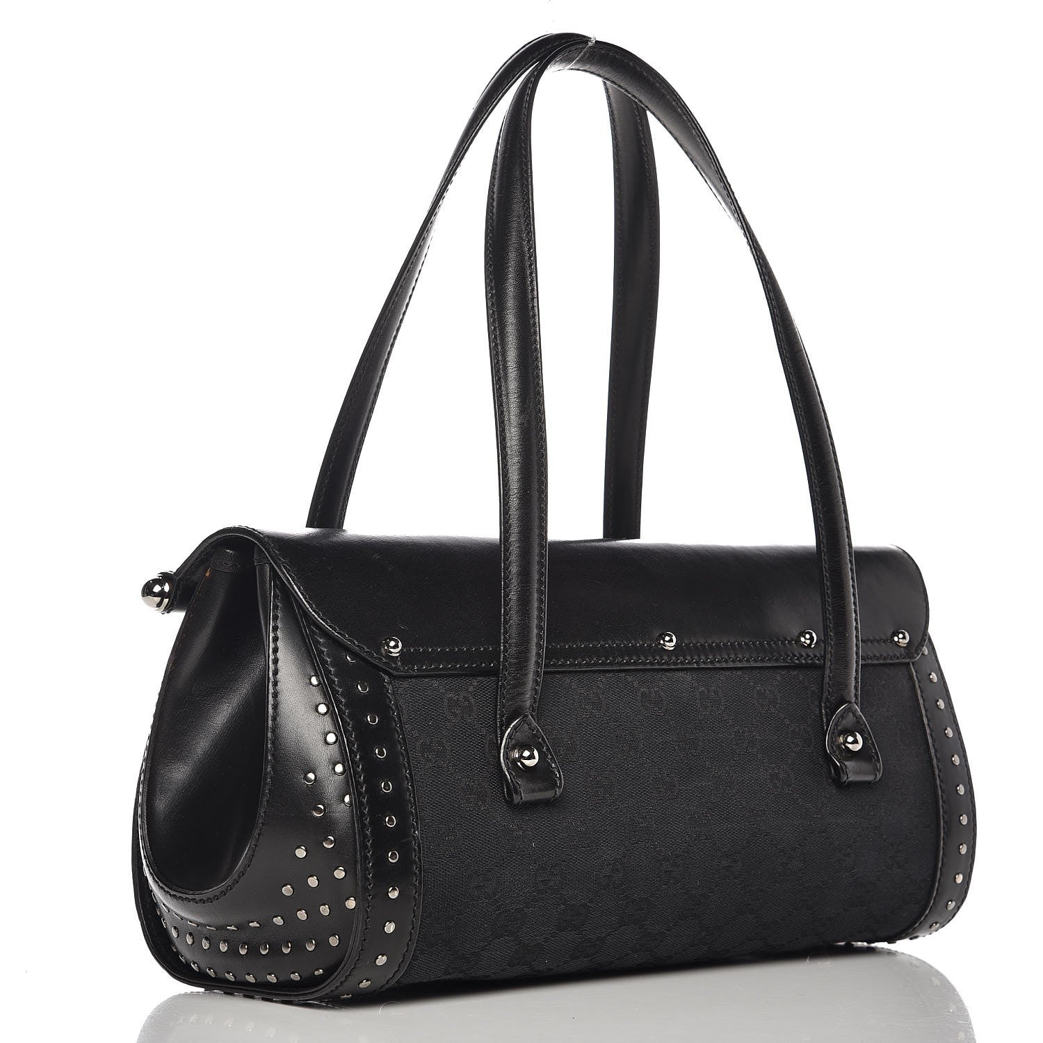 Gucci Monogram Studded Bamboo Bullet Satchel Black 3 of 7