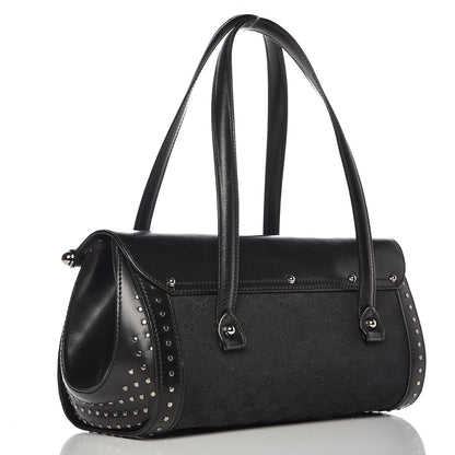 Gucci Monogram Studded Bamboo Bullet Satchel Black 3 of 7