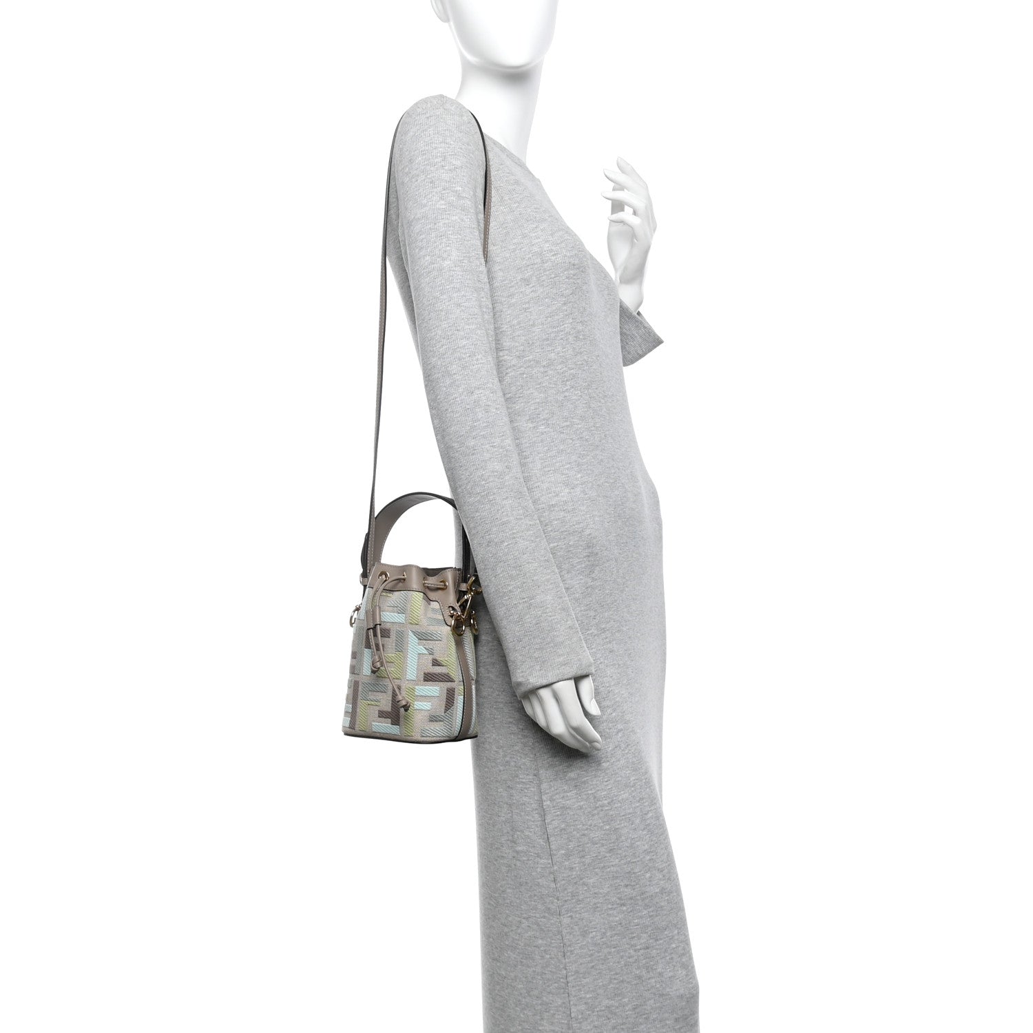 Fendi Canvas Vitello King FF Embroidered Mini Mon Tresor Bucket Bag Matcha Milk Dove 2 of 10