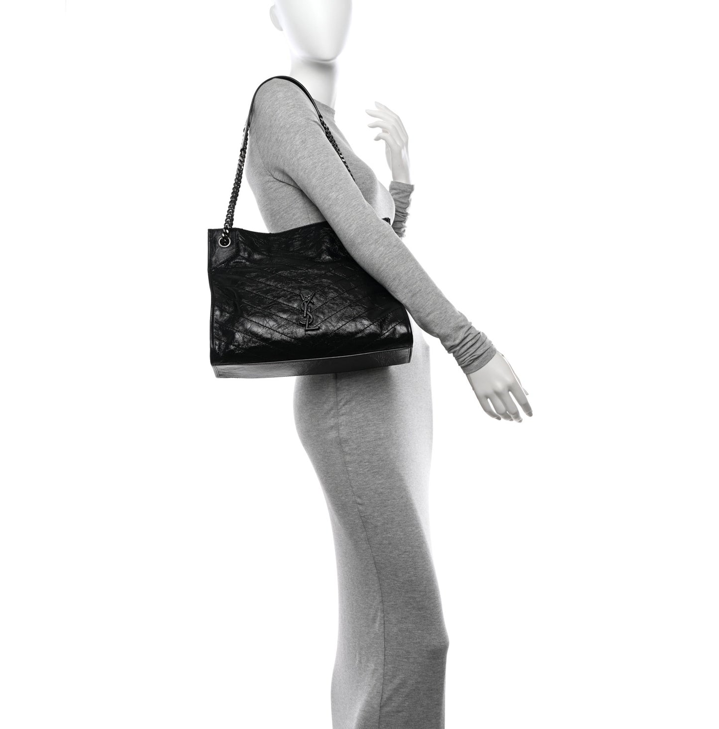 Crinkled Calfskin Matelasse Monogram Medium Niki Shopper Tote Black