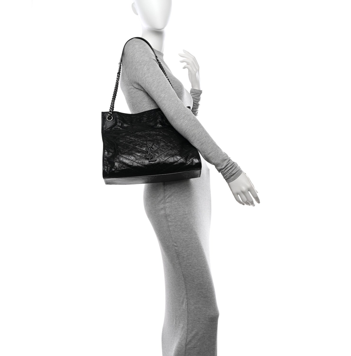 Saint Laurent Crinkled Calfskin Matelasse Monogram Medium Niki Shopper Tote Black 2 of 12