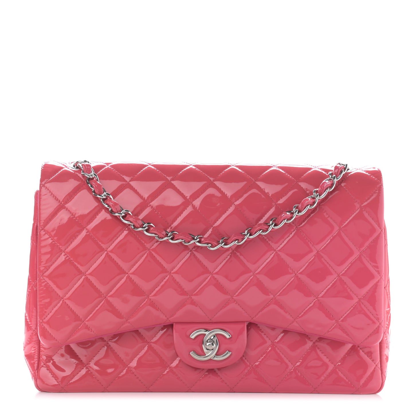 Patent Calfskin Quilted Maxi Double Flap Fuchsia