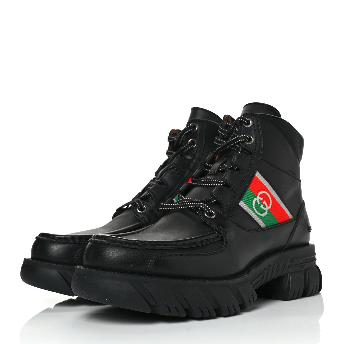 Quebec Calfskin Web Mens Interlocking G Lace Up Combat Boots 8.5 Black Mystic White Green Red